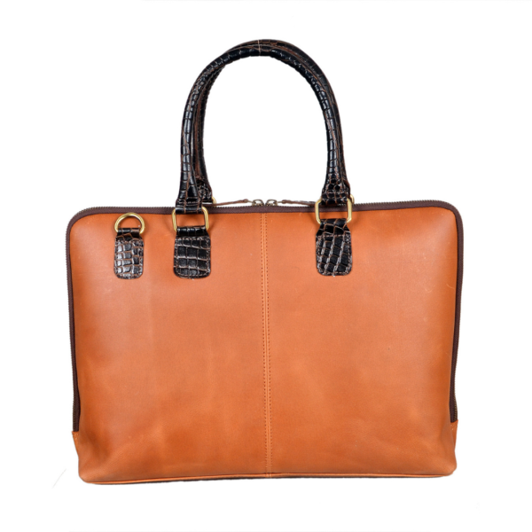 Tan Leather Laptop Bag with Black Handle - Image 2