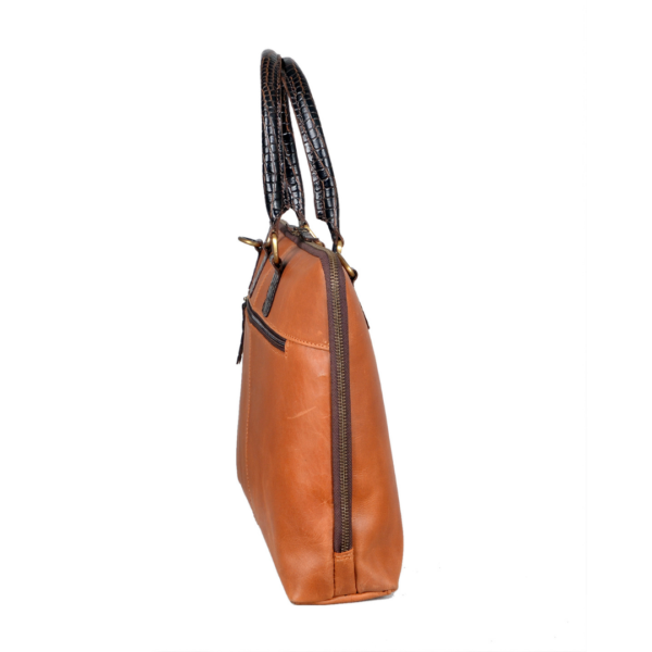 Tan Leather Laptop Bag with Black Handle - Image 3